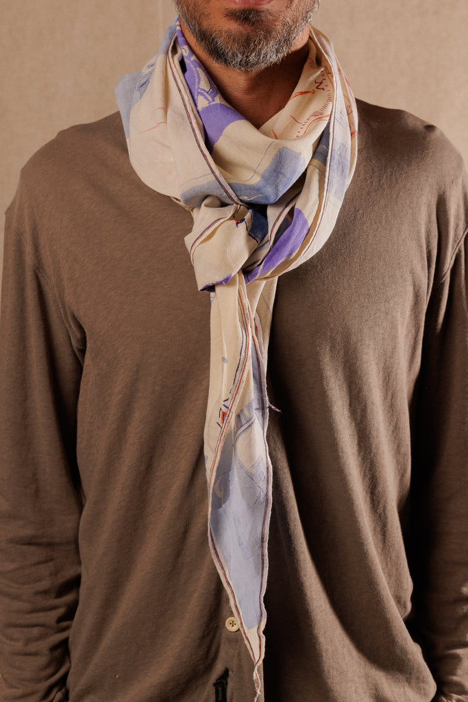 silky light scarf close up on male model