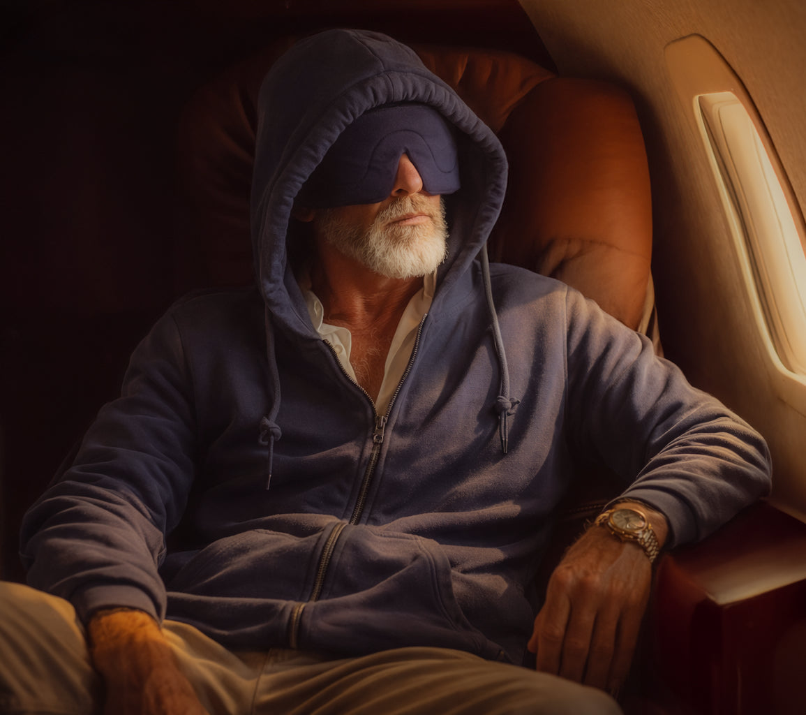 Apollo Zipper Hoodie, a 28oz cotton fleece travel hoodie with a built-in eye mask
