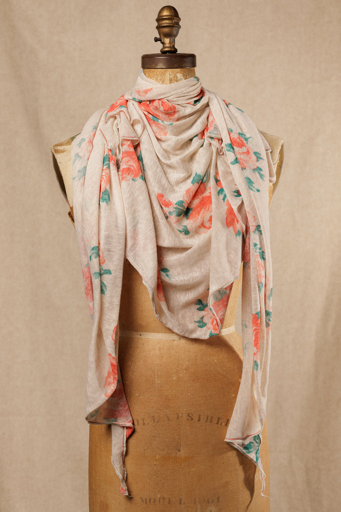 full size cream colored scarf  peachy colored roses and leaf design airy soft fabric 