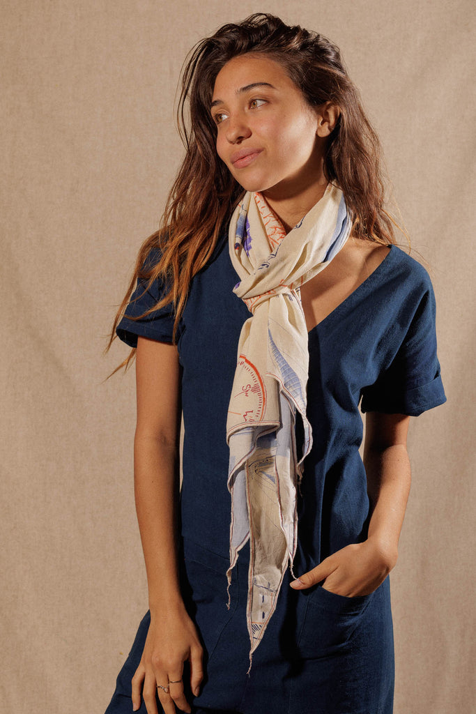 silky light scarf worn by female model